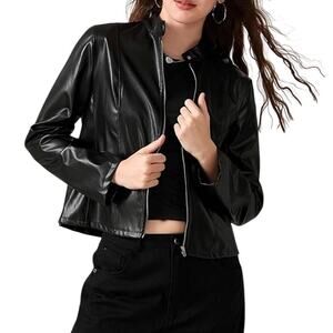 NWT ~ Women's Short Black Edgy Faux Leather Full Zipper Jacket ~ Size MEDIUM
